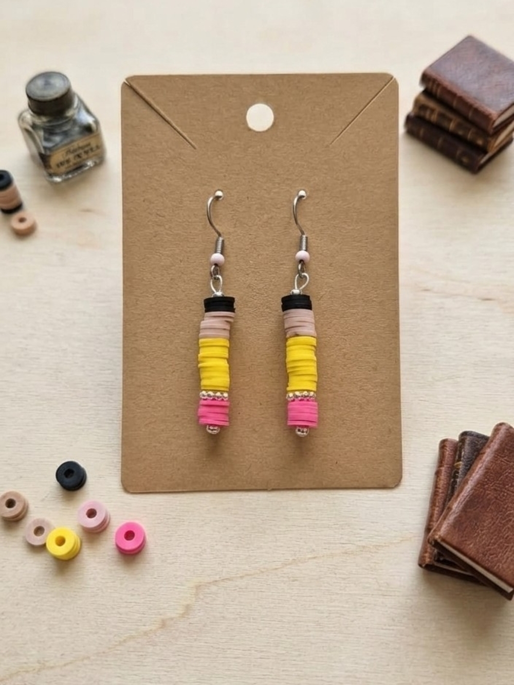 Women Multicolor Pink & Yellow Stacked Pencil Bead Dangle Earrings